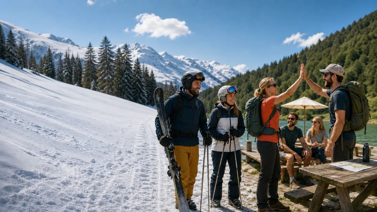 Gemeinschaft beim Skifahren und Wandern in den Bergen